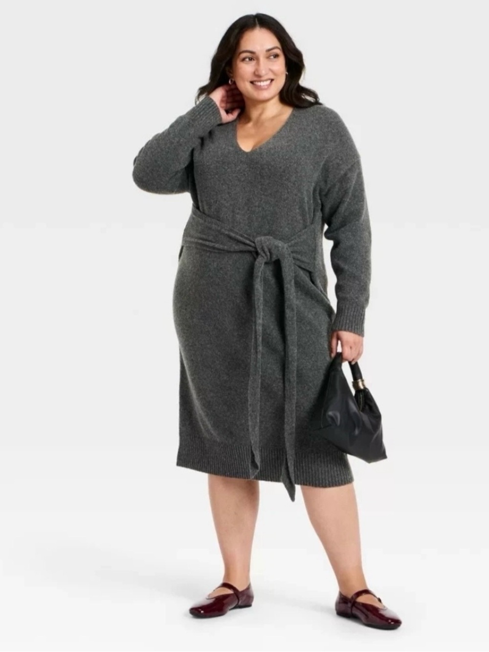 NEW Ava & Viv Charcoal Grey Long Sleeve Tie Sweater Midi Dress